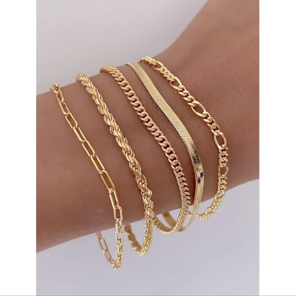 5 Pcs Stackable Paperclip Link Herringbone Figaro Rope Cuban Chain Bracelets Set - Picture 14 of 14